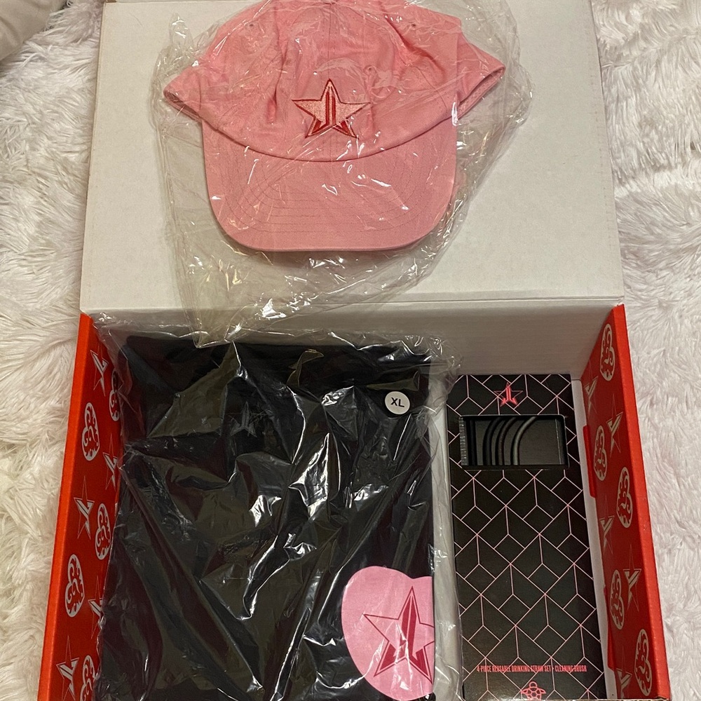 Jeffree Star Pink Star Cap t-shirt, and straws